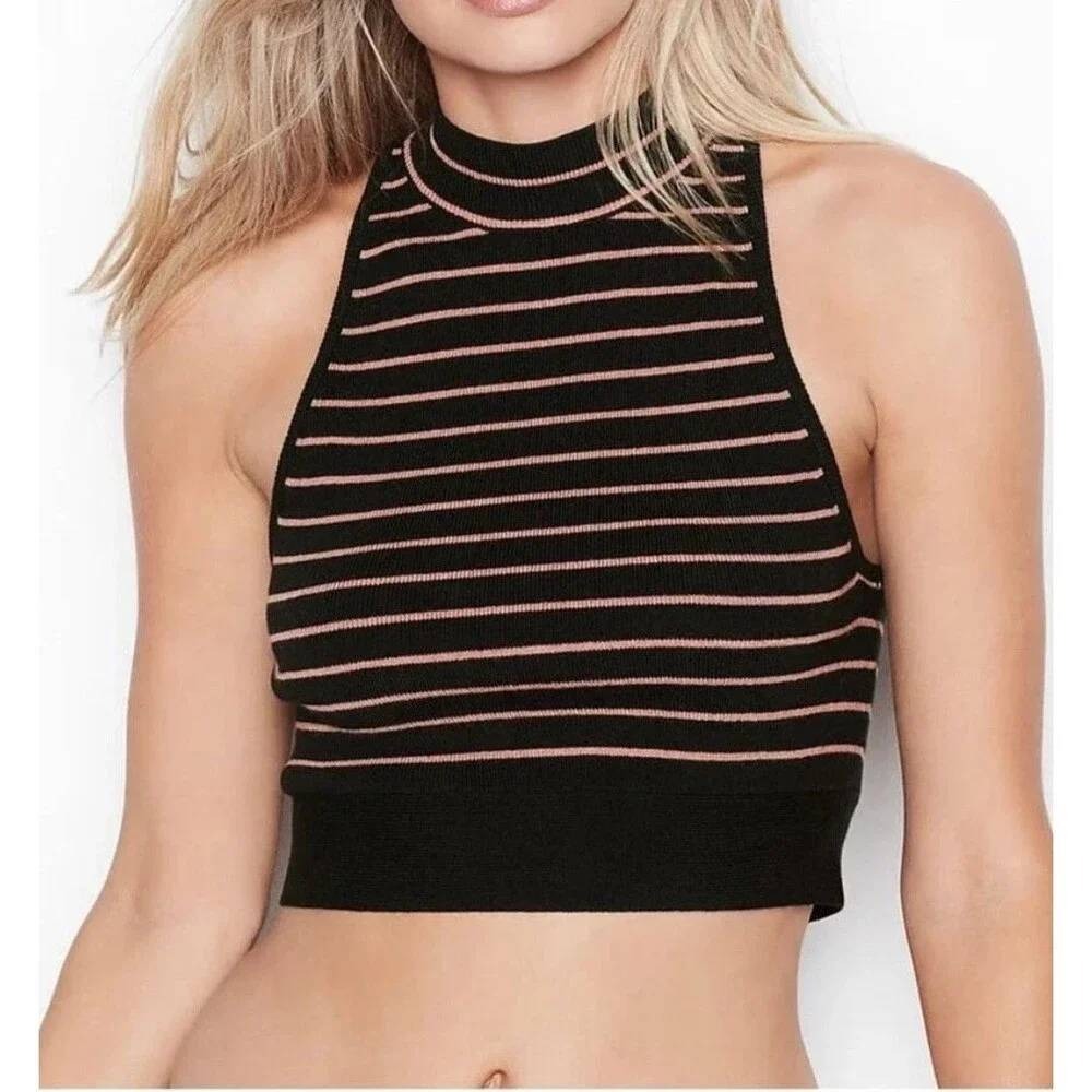 Victoria's Secret Womens Striped Knit Halter Crop Top Black Pink 90s Minimalist